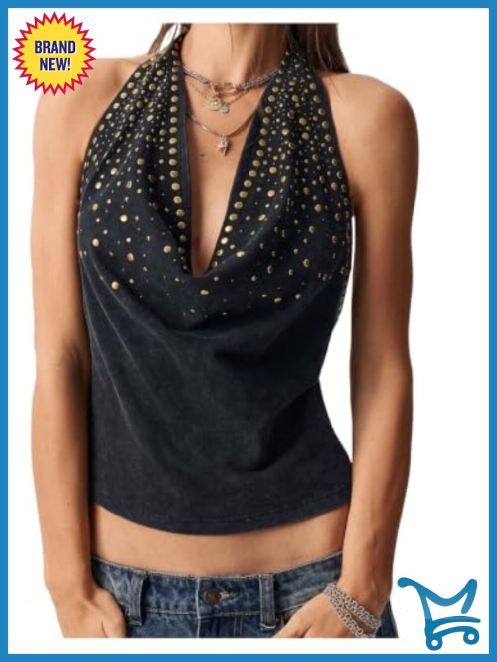 Studded Halter Crop Top Draped Tie Backless Sleeveless Y2k Festival